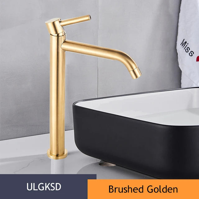 Brushed Golden Bathroom Basin Hot Cold Faucets Brass Deck Mounted Tall Style Long Mouthed Taps Vanity Sink Mixer Tap For Bathroo