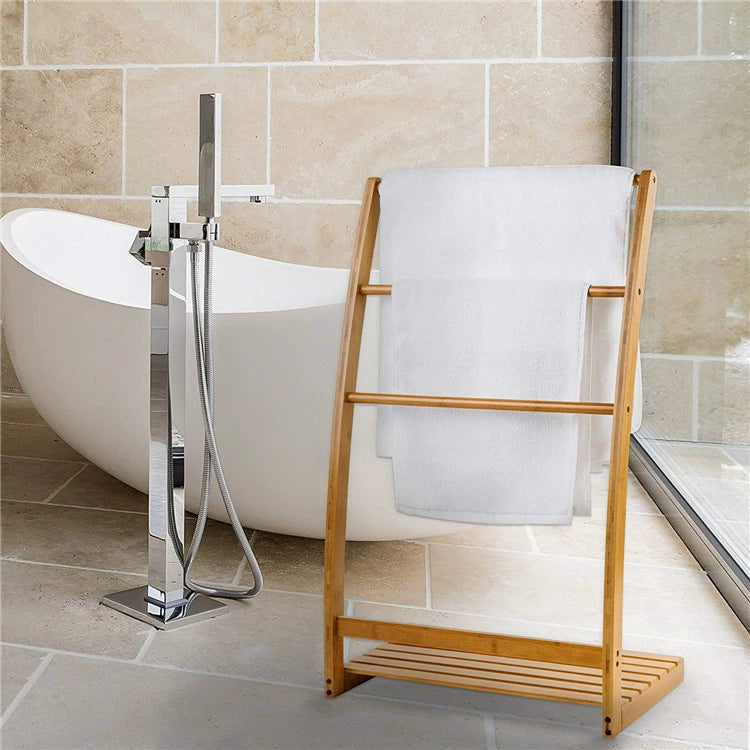 Scandinavian Bamboo Wood Floor Accessible Luxury Storage Bath Towel Rack