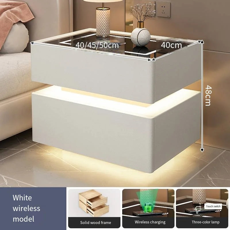 Creative 25-50cm Smart Bedside Table with Sensor Light Nordic Style Storage Cabinet Bedroom Nightstand with Wireless Charging