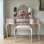 NEW y French retro pink dresser solid wood carving flower dressing table makeup stool glass combination