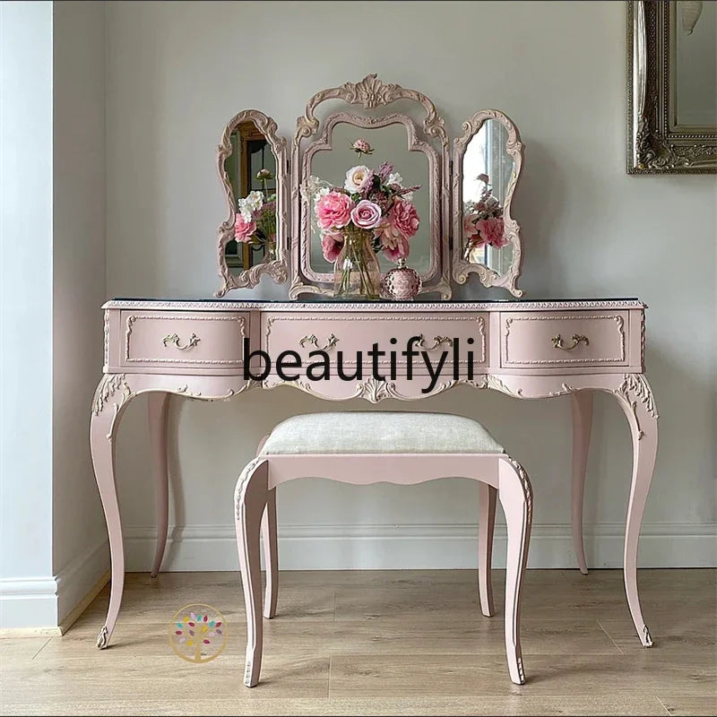 NEW y French retro pink dresser solid wood carving flower dressing table makeup stool glass combination