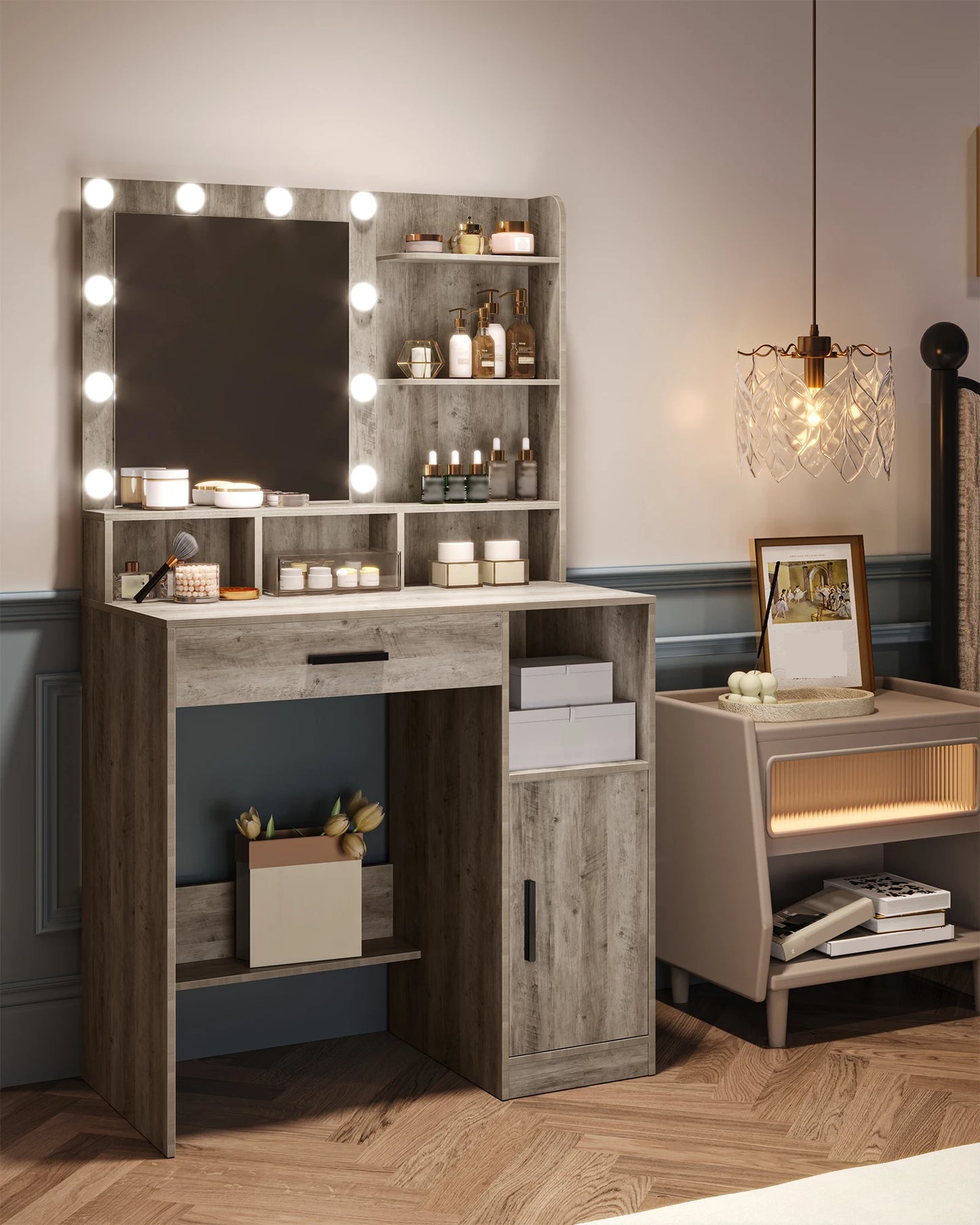 Hzuaneri Dressing Table with Mirror and 10 LED Lights, Vanity Unit with 3 Shelves & 4 Open Compartments, with Large Drawer