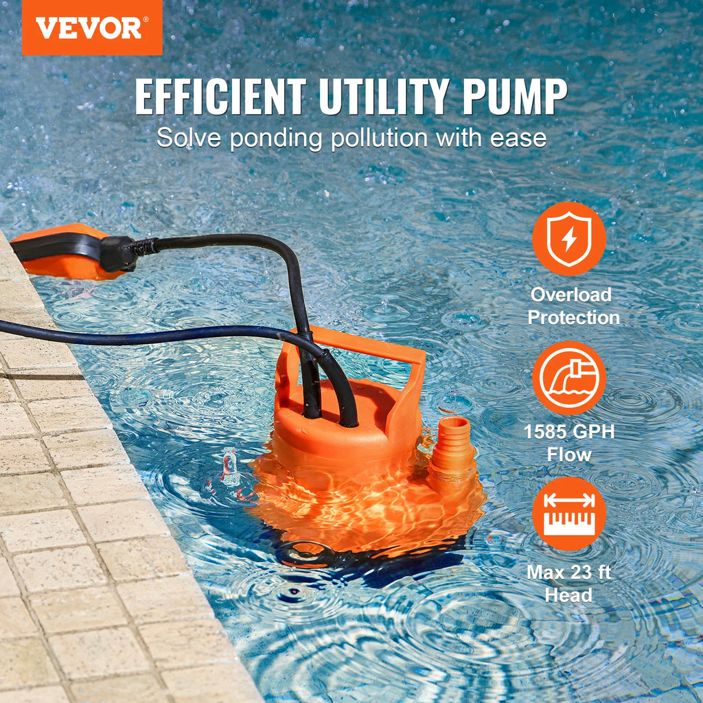 VEVOR Utility Pump 1585/2510/4000 GPH High Flow Sump Pump Submersible Water Pump with 10ft Long Power Cord for Draining Water