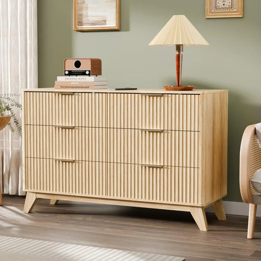 Fluted Dresser 6 Drawer, Wood Dresser for Bedroom with Rounded Edges, Mid Century Modern Dressers 47" Long Chest of Drawers, Na