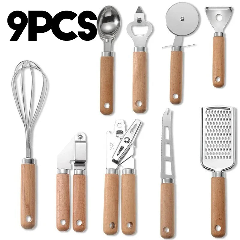 9pcs Cooking Utensils Set  Wooden Handle Can Opener Baking Pizza Peeler Egg Beater Cheese Knife Ice Cream Spoon Kitchen Gadget