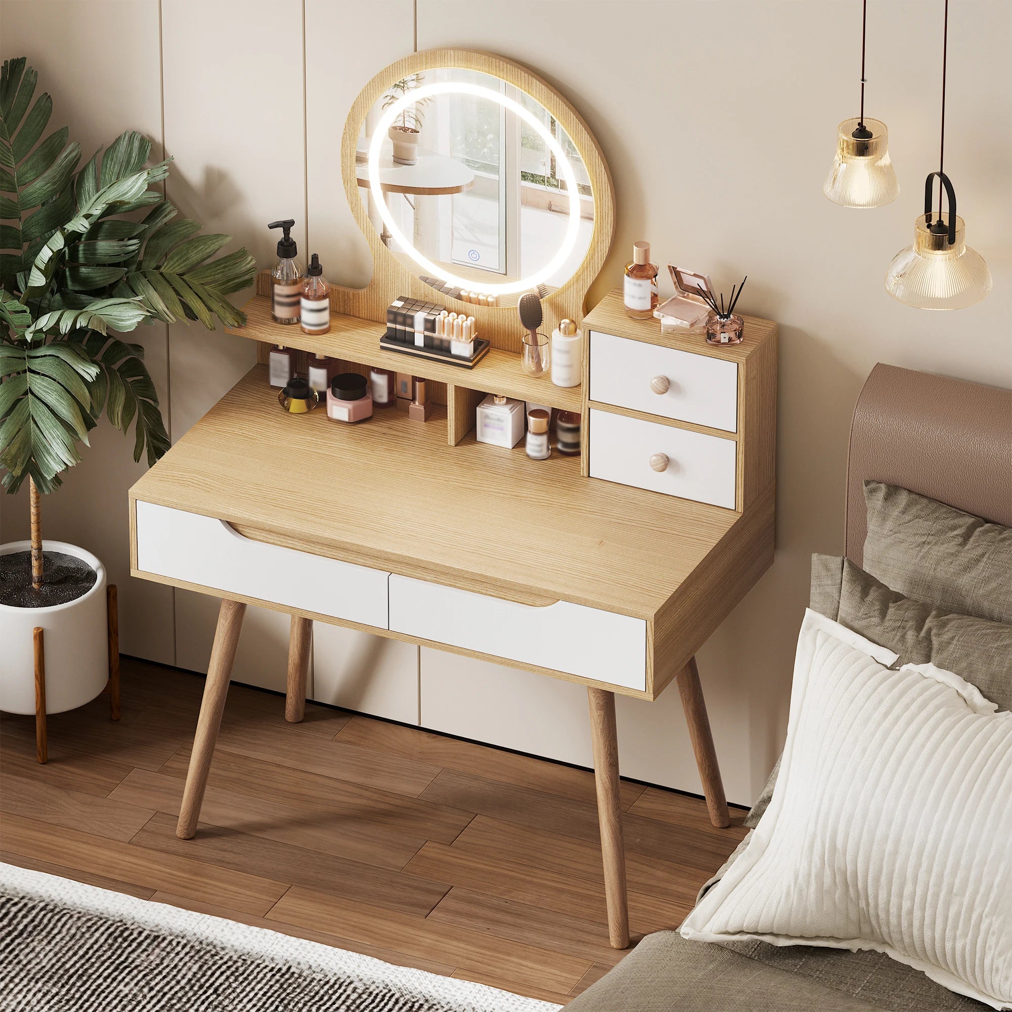 Makeup Vanity with 3 Colors Modes Adjustable Brightness Mirror, 4 Drawers 3 Storage Shelves, Dressing Table Modern Makeup Desk