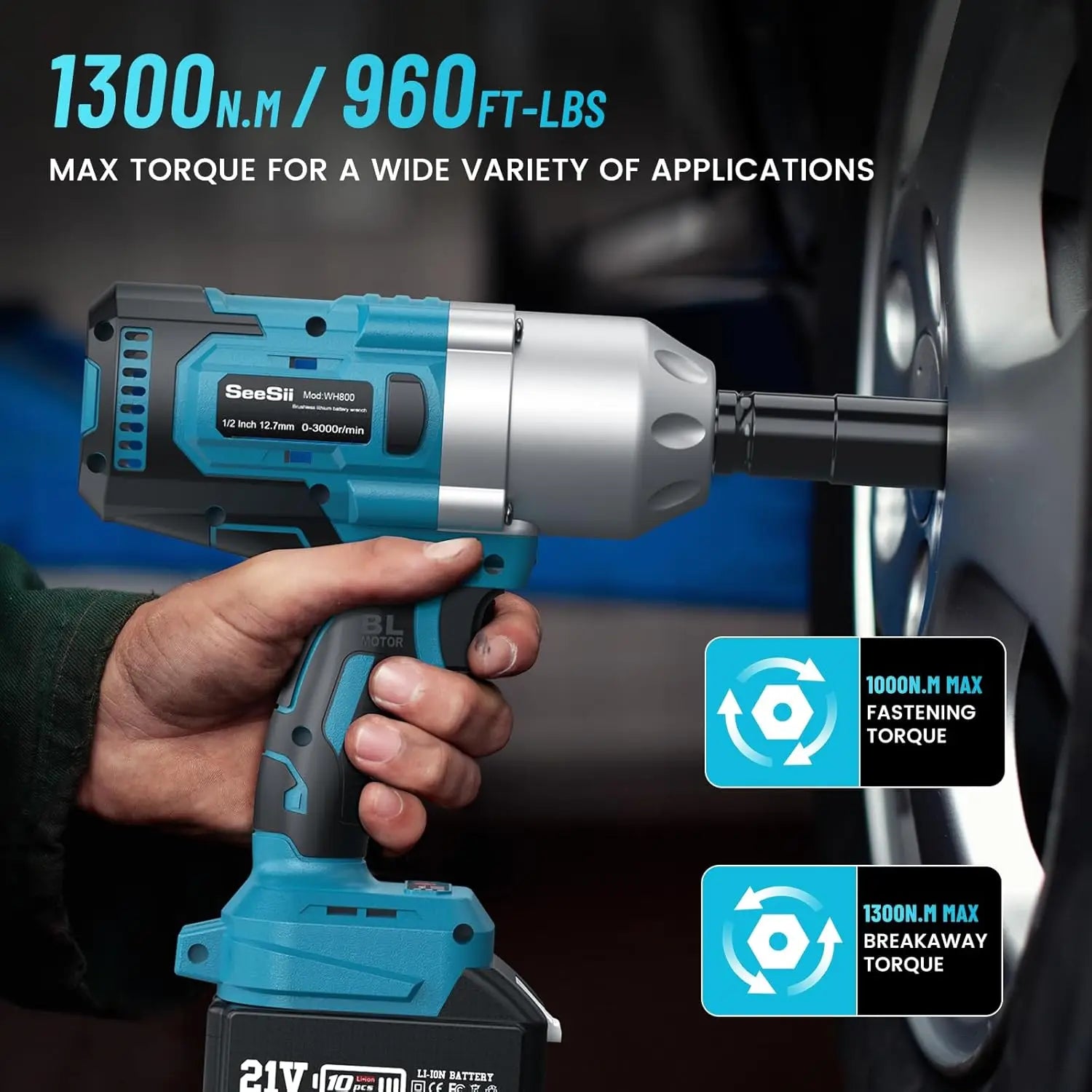 Seesii Impact Wrench 960Ft-lbs Brushless Impact Gun 1300NM High Torque 1/2 2X 5.0Ah Battery Cordless Impact Wrench for Truck