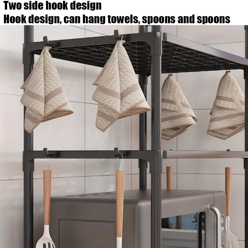 2/3 Floor Kitchen Microwave Rack, Desktop Oven and Toaster Storage Rack, With Hooks to Save Space, Kitchen Storage Rack