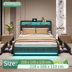 Creahappy Twin Bed Frame - Upholstered bed in grey - With USB charging port - With LED lighting - Storage drawers on both sides