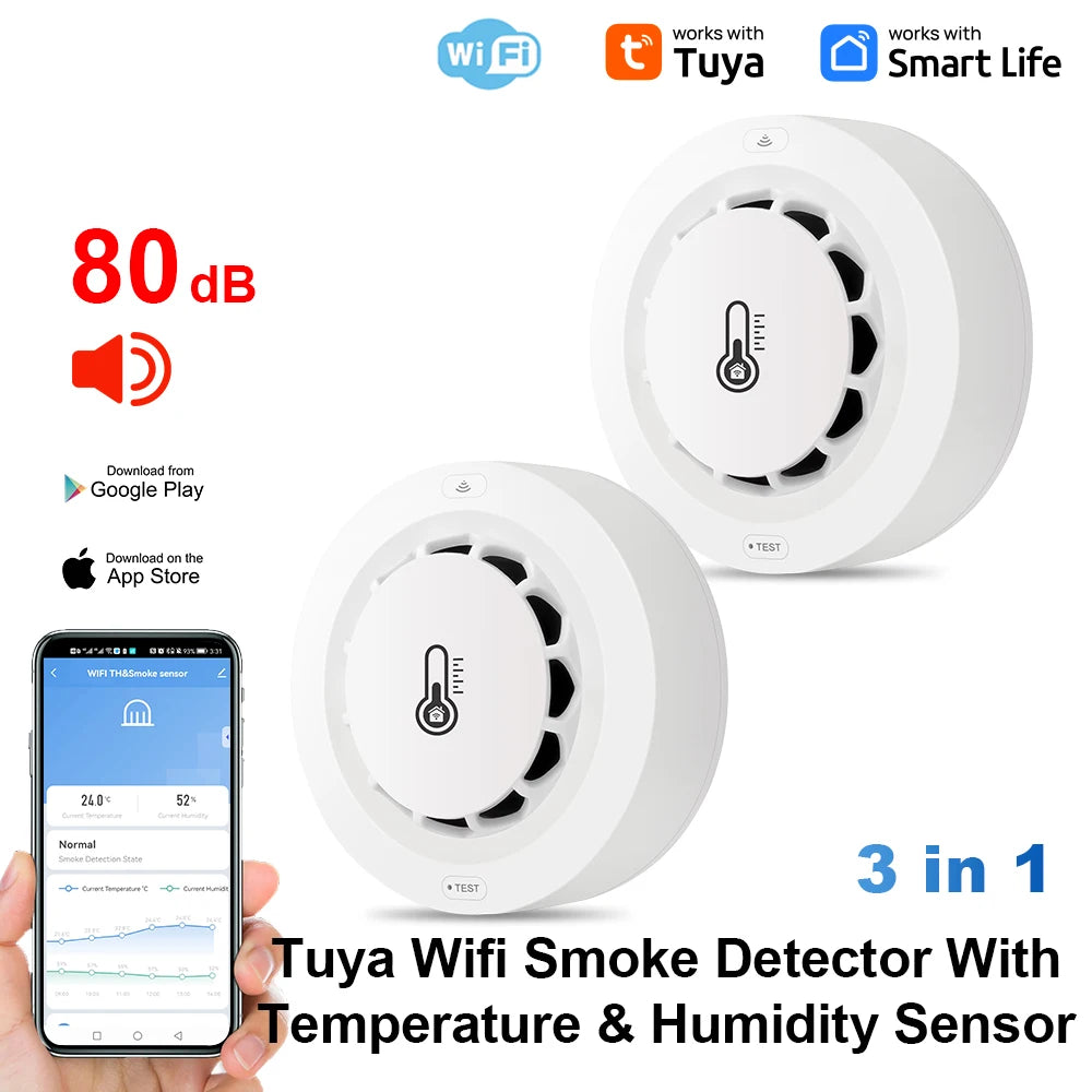 Tuya Wifi BT Two Connection Smoke Detector Temperature Humidity Measurement Device 80dB Sound Alarm Remote Push Alert Function