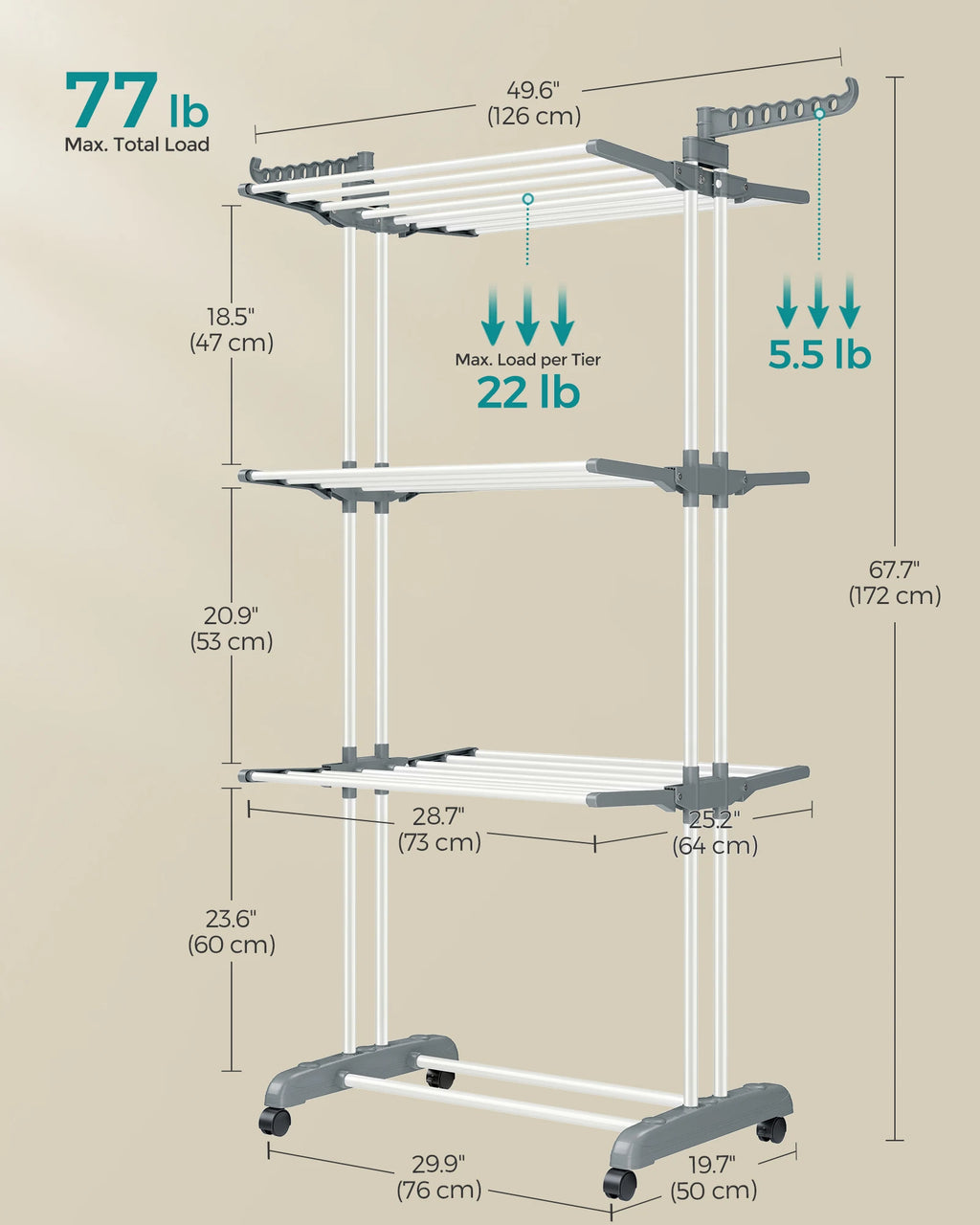 SONGMICS Clothes Drying Rack Stand 4-Tier, Foldable Laundry Drying Rack 68.1-Inch Tall, Steel, Rolling Clothes Horses Dryer Rack