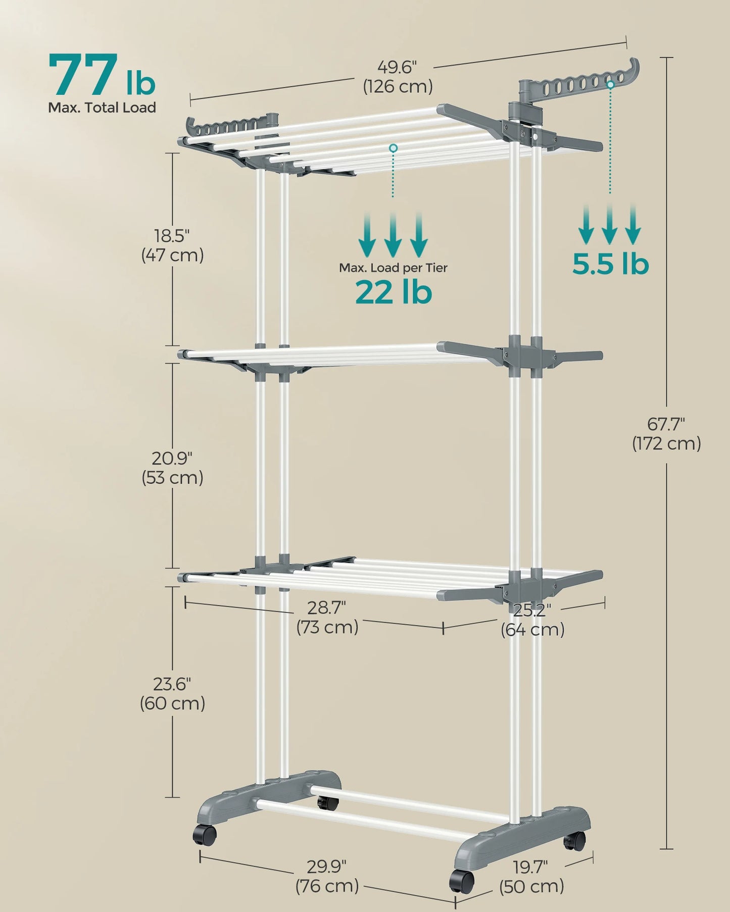 SONGMICS Clothes Drying Rack Stand 4-Tier, Foldable Laundry Drying Rack 68.1-Inch Tall, Steel, Rolling Clothes Horses Dryer Rack