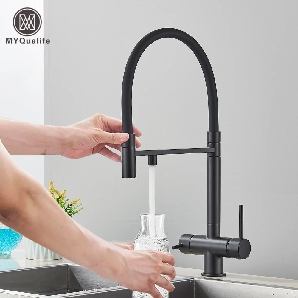 Black Filtered Kitchen Faucet Pure Water Pull Out Brass Sink Faucet Dual Handle Hot&Cold Drinking Water Purified Mixer Taps