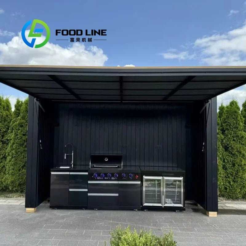 Customized Outdoor Bbq Kitchen With Shed And Open Shelves Dual Storage For Easy Access And Organization