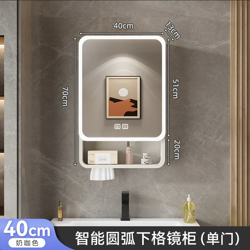 Aluminum Alloy Arc Smart Bathroom Mirror Cabinet Wall Mounted Storage Locker LED Light Bathroom Furniture Muebles Para Baño FYBC