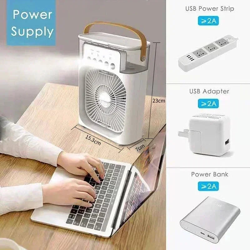 Mini 3 in 1 Air Conditioner Fan USB Desktop Cooler with Humidifier LED