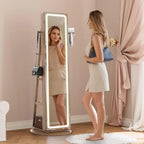 LED Mirror Jewelry Cabinet Standing, 360° Swivel Lockable Jewelry Armoire with Full Length Mirror and Adjustable LED Lights