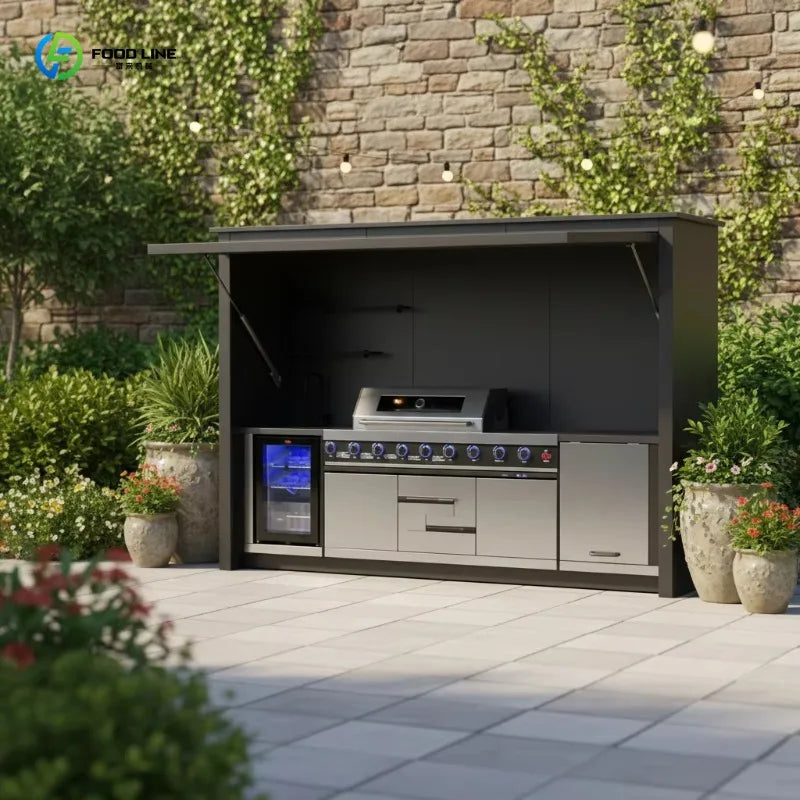 Customized modern premium outdoor kitchen unit eco friendly aluminum modular cabinets grill sink fridge and 6 burner gas stove