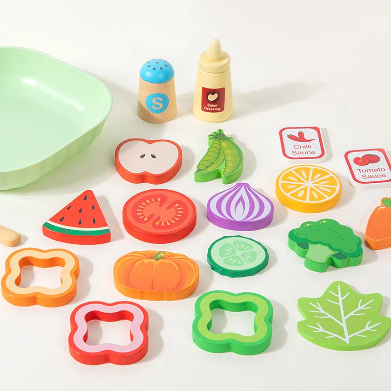 Wooden Kitchen Pretend Play Toy Simulation Wood Food Vegetable Salad Early Learning Chef Simulation Cooking Educational Toys