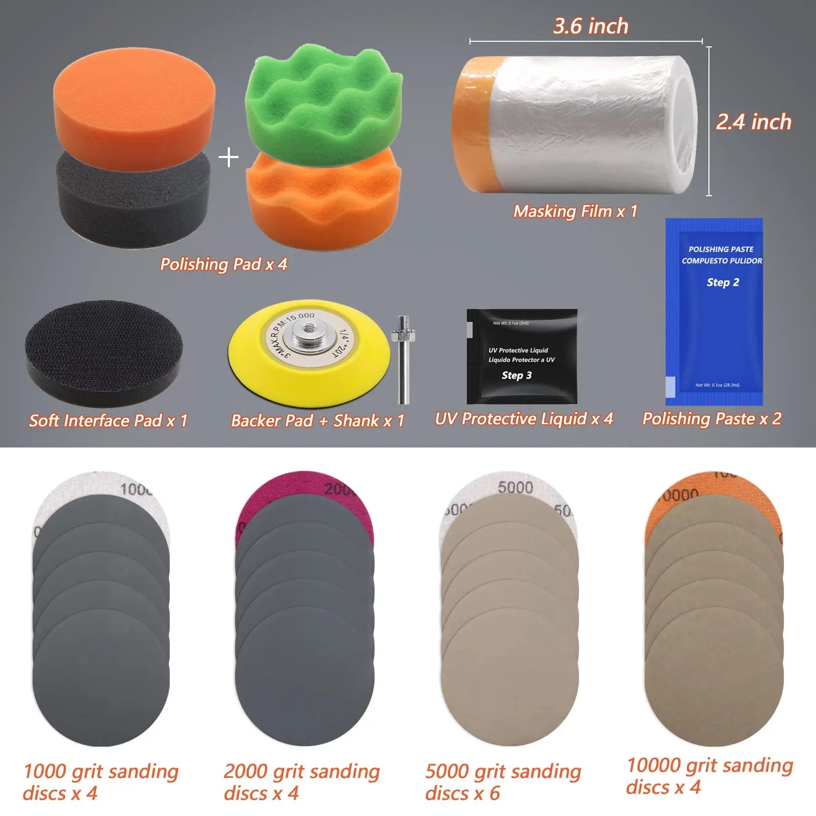 37Pcs 3 Inch Car Headlight Restoration Kit,with Drill Buffing Polishing Pads Backing Plate,Headlight Lens Cleaner and Restorer