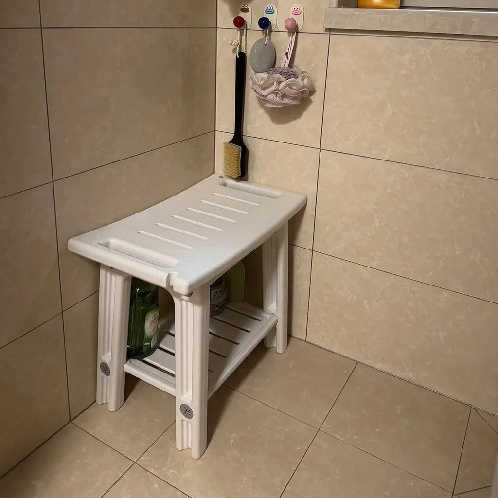 Non-Slip Shower Stool, Mold-Resistant Storage Seat, Double-Decker Bath Bench with Organizer, Mobile Entryway Changing Bench