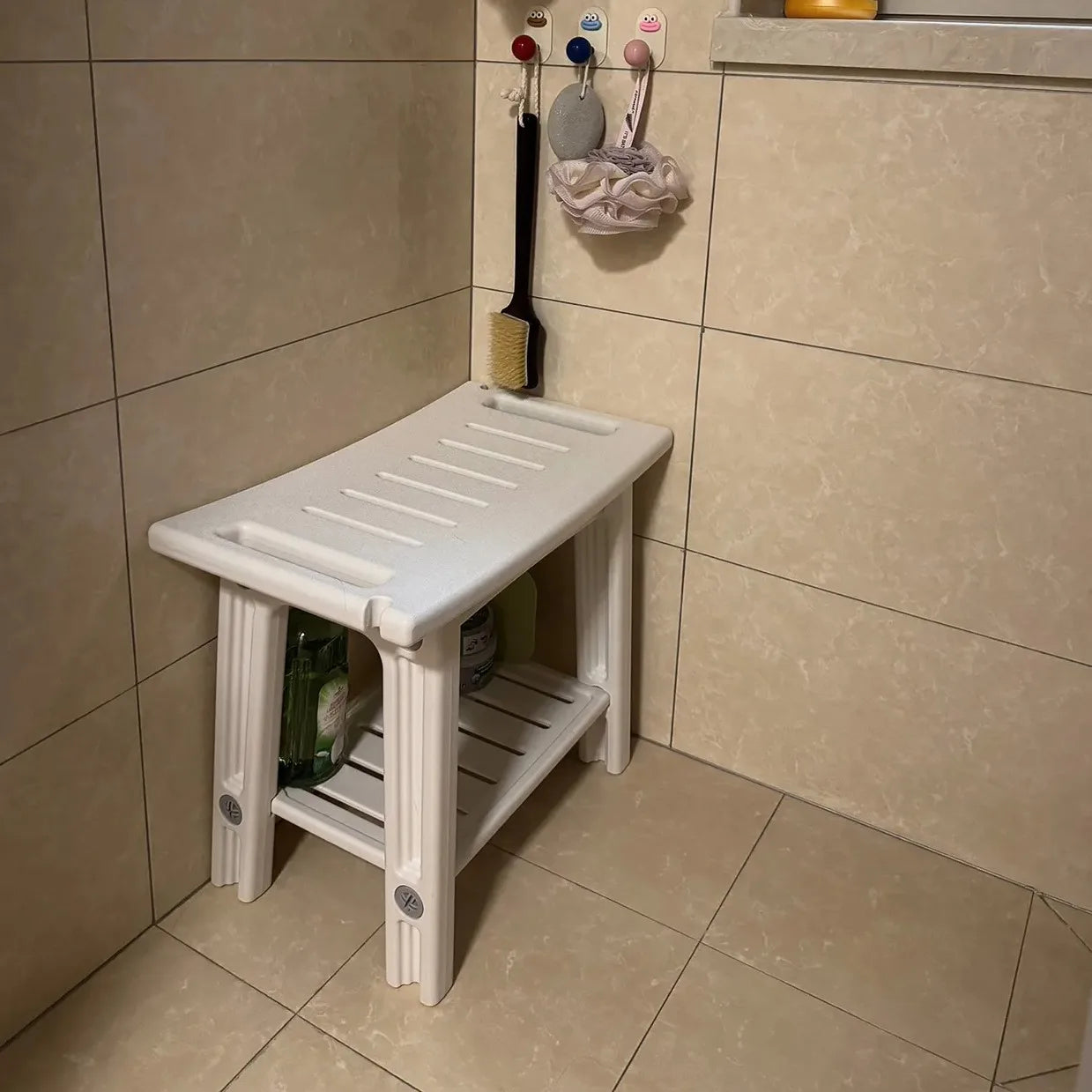 Non-Slip Shower Stool, Mold-Resistant Storage Seat, Double-Decker Bath Bench with Organizer, Mobile Entryway Changing Bench