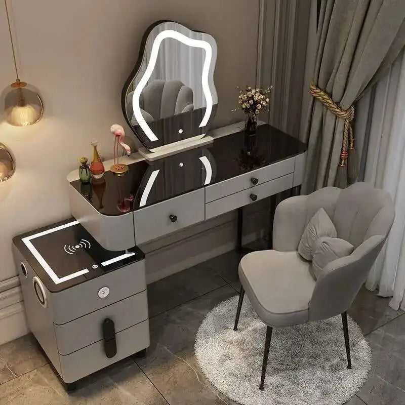 Luxury Glass Dressing Table with Smart Wireless Charging Bedroom Vanity Nightstand Makeup Table Drawers with Led Mirror Dresser