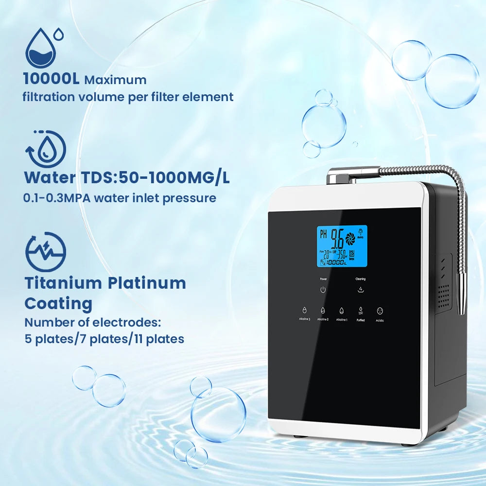 11 Plates Platinum Coating Alkaline Water Ionizer Machine Household PH