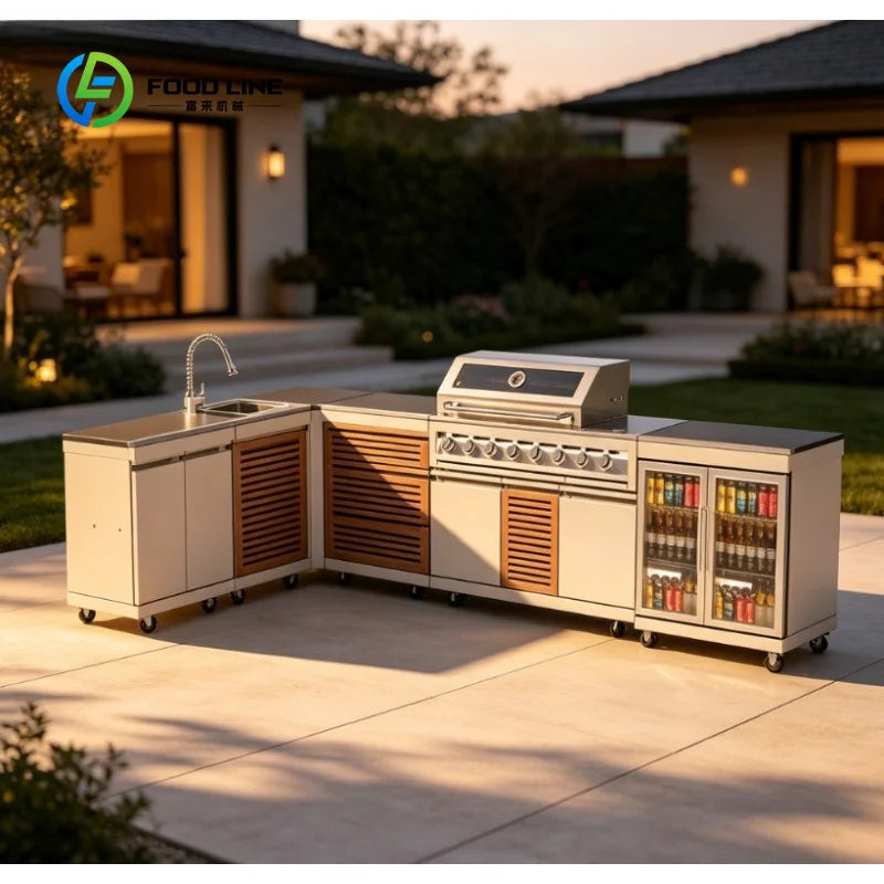 Customized Outdoor Kitchen Cabinet with Gas & Charcoal BBQ Grills 304 Stainless Steel Outdoor Kitchen Island Premium Modular