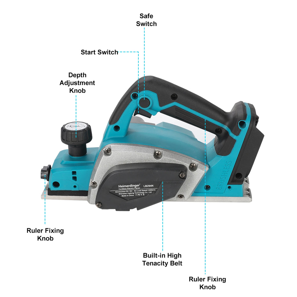 Heimerdinger 18V Rechargeable Lithium Battery Powered Handheld Woodworking Tool Brushless  Cordless Electric Planer, No battery