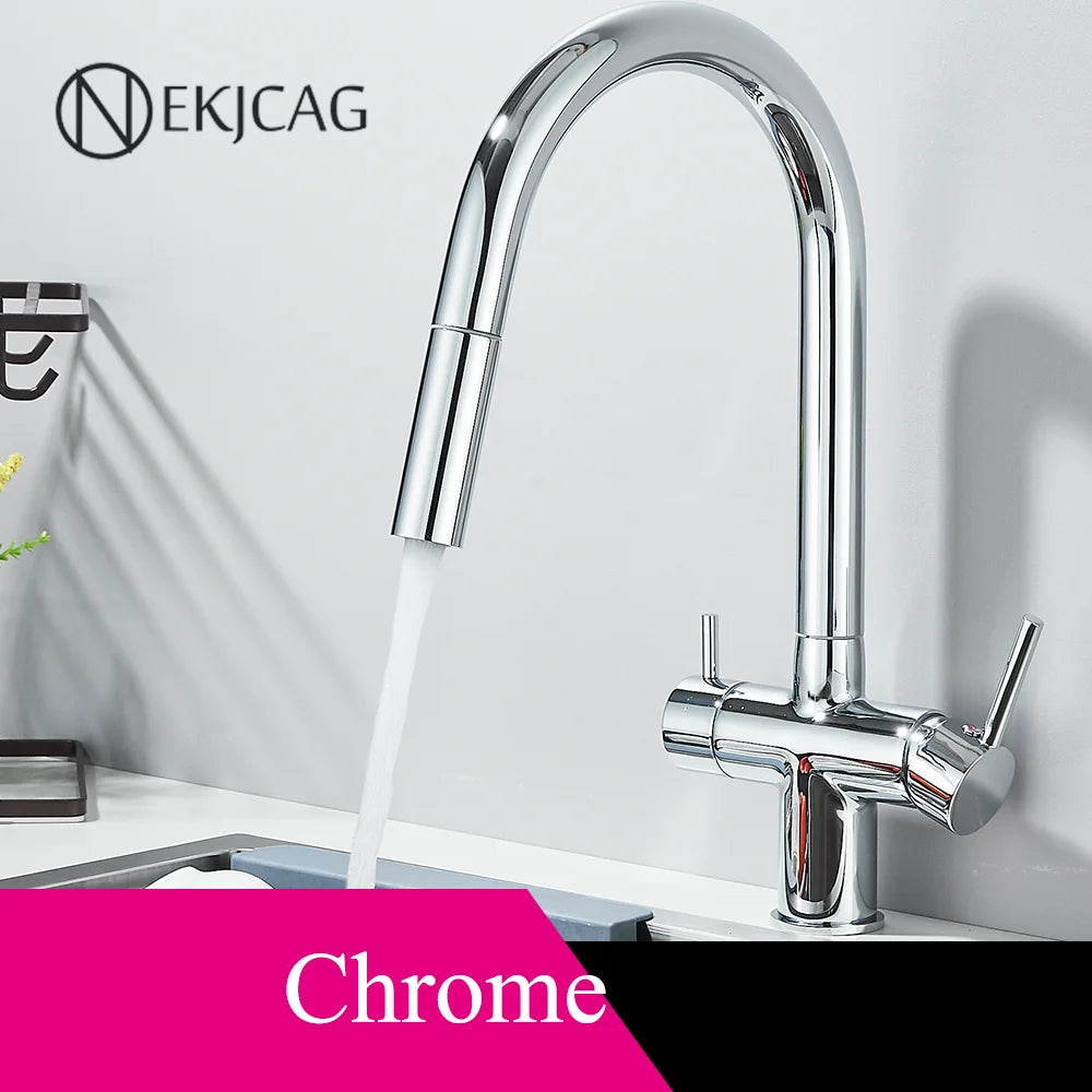 Gun Grey Dual Spout Kitchen Mixer Swivelling 360° Hot And Cold Water Mixer Pull-down Pure Water Faucet Twin-handle Kitchen Mixer
