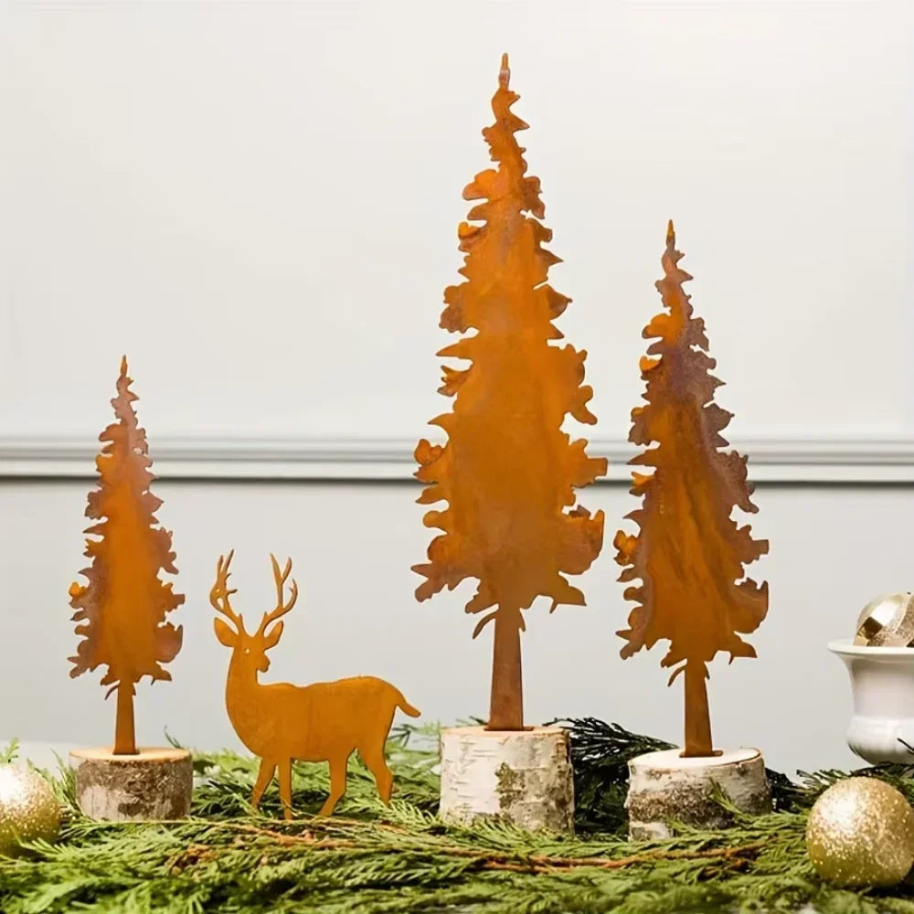 Rustic Metal Spruce Tree & Elk Ornaments: Ideal Hunting Decor & Gifts for Christmas and New Year's Holiday Celebrations