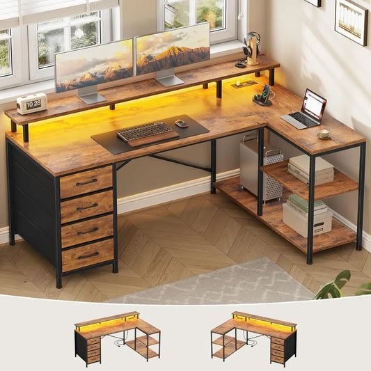 L Shaped Desk with 4 Drawers and Storage Shelves, L Shaped Gaming Desk