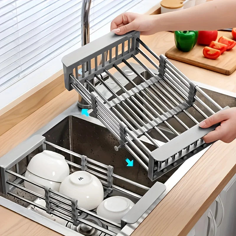 Kitchen Sink Drain Rack Stainless Steel Extendable Dish Drying Rack Drain basket Fruit Vegetable Washing Drainer Storage rack