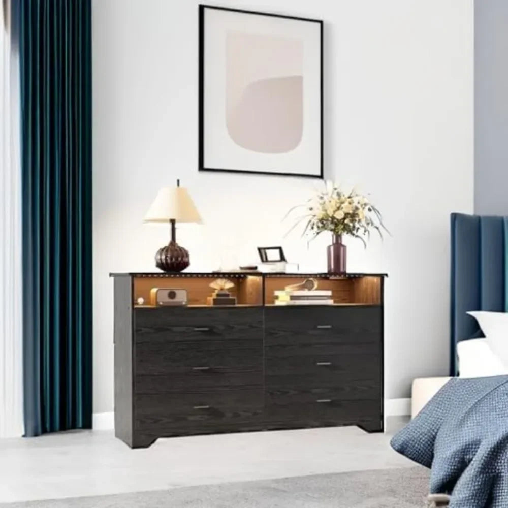 6 Drawer 59"  Dresser with LED and Power Strip, Dressers & Chests of Drawers with Storage Cabinet for Bedroom
