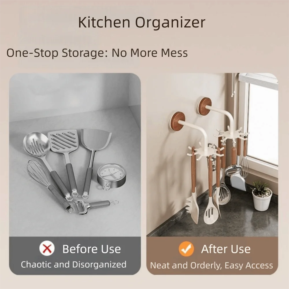 No Drill Kitchen Storage Rack Wall Mounted Anti Drop 360 Rotating Hooks Space Saving Utensil Organizer for Kitchenware