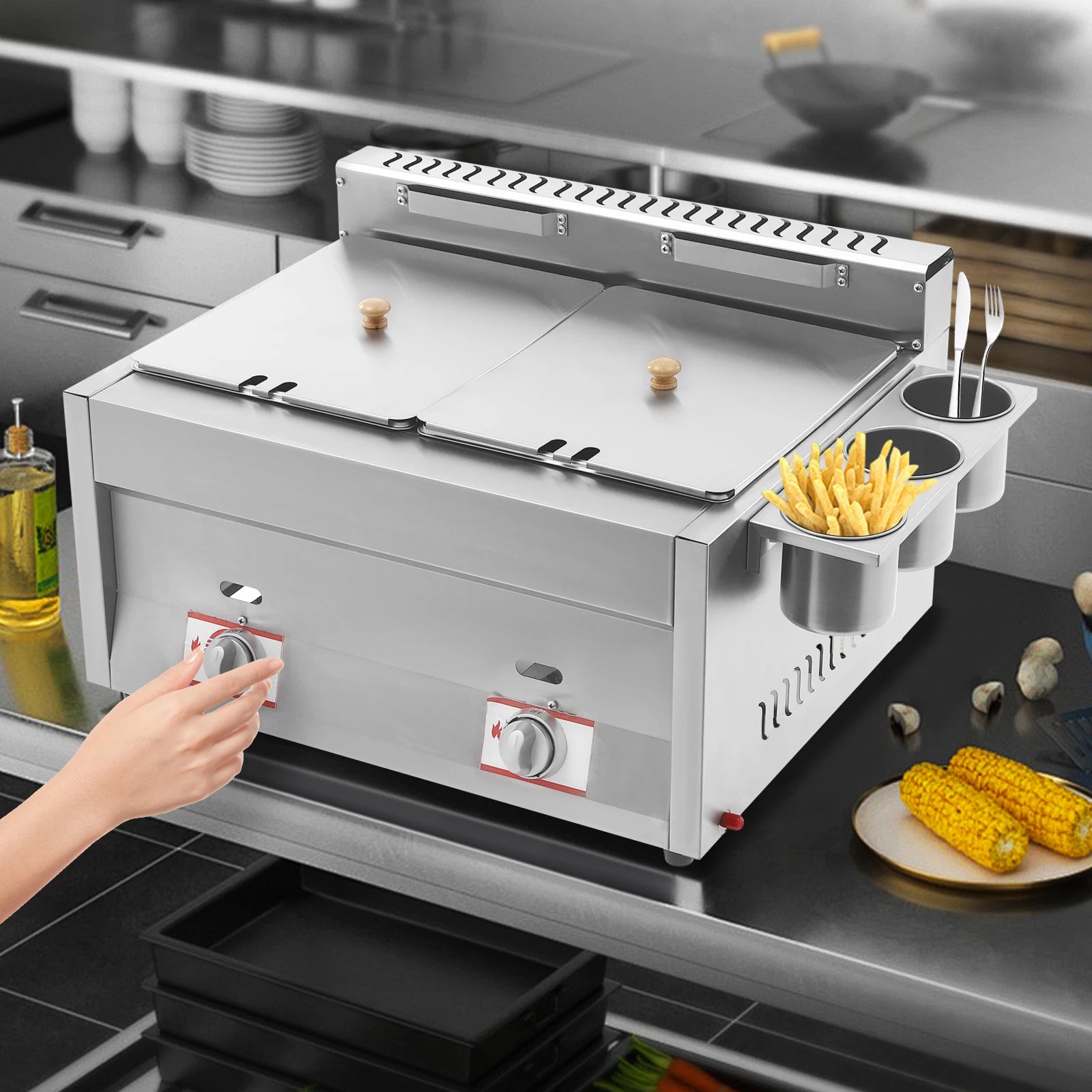 Commercial Gas Deep Fryer 12L Stainless Steel Dual Tank Gas Deep Fryer with 2 Baskets&Lid Countertop Fryer Frying Machine