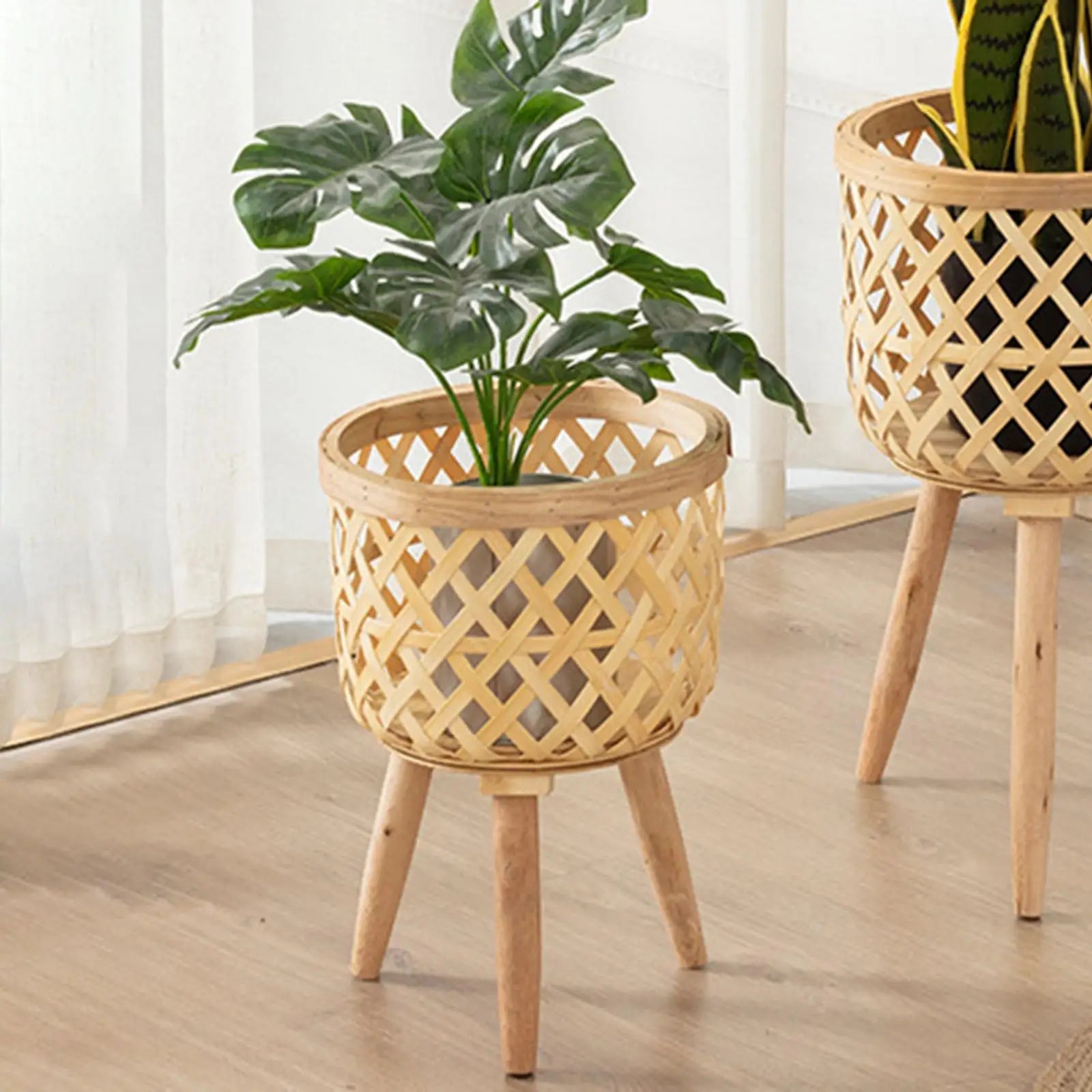 Hand Woven Flower Pot Tripod Stand Detachable Rattan Pot Wood Pastoral Flower Baskets for Balcony Planters Home Indoor Decor