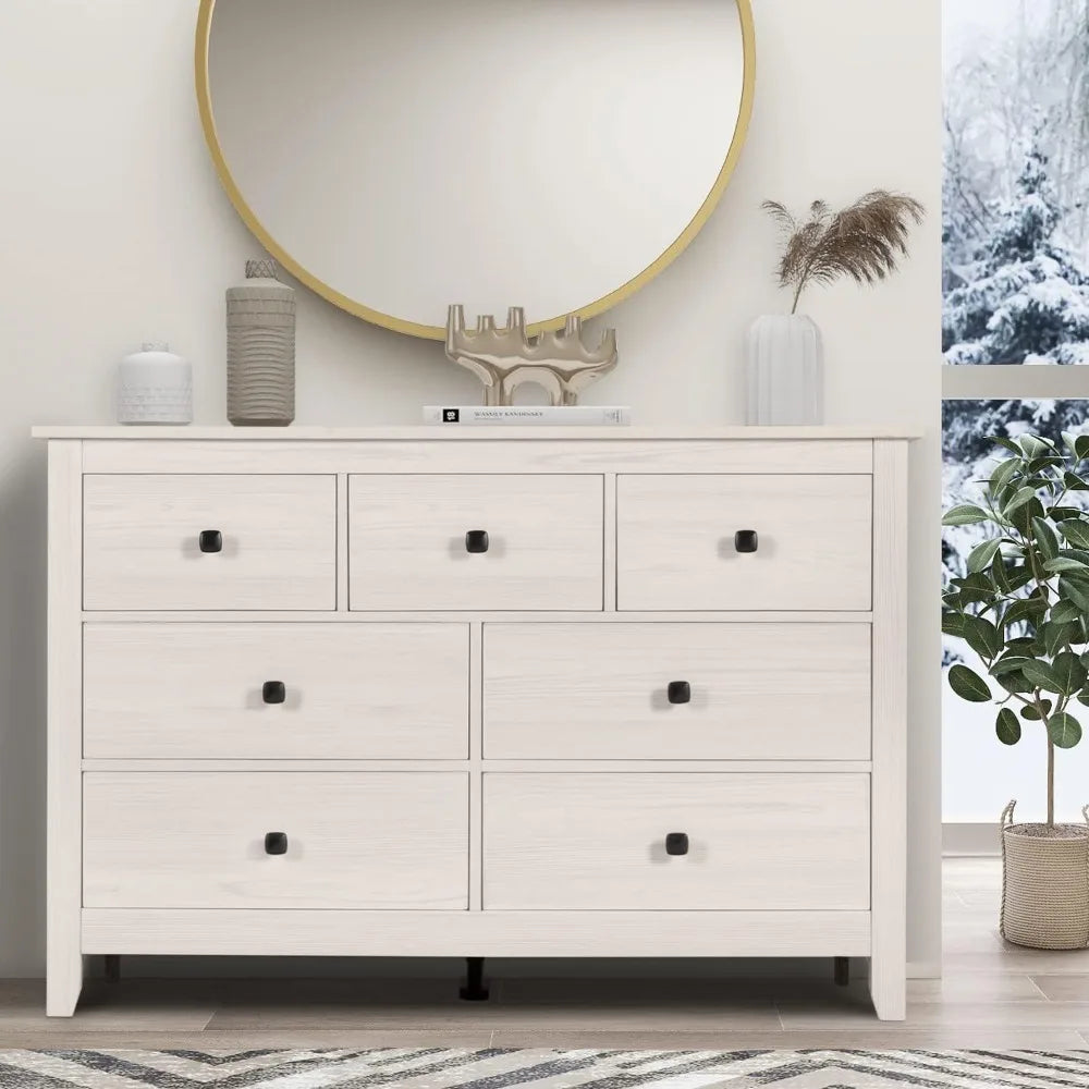 7 Drawer Dresser - Wooden Bedroom Dressers, Storage Drawers Cabinet for Bedroom, Living Room, Farmhouse Chest of Drawers, White