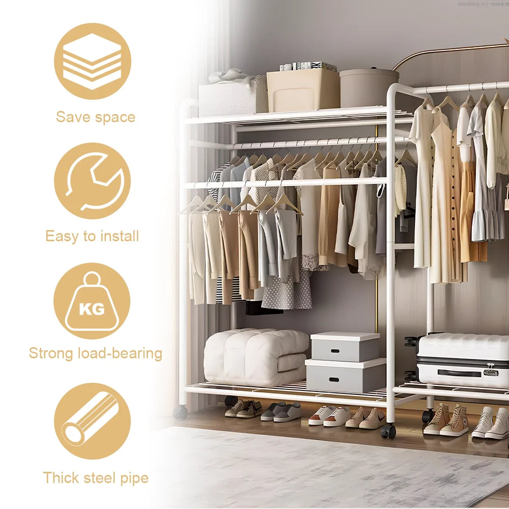 Clothes Rack Heavy Duty Coat Shelf Double-Rod Hats Clothes Rack With Hooks Hanging Clothe Organizer Floor Hangers Organizer