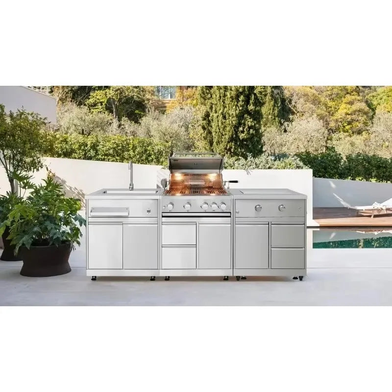 Outdoor bar kitchen setup with stainless steel doors and cabinet system