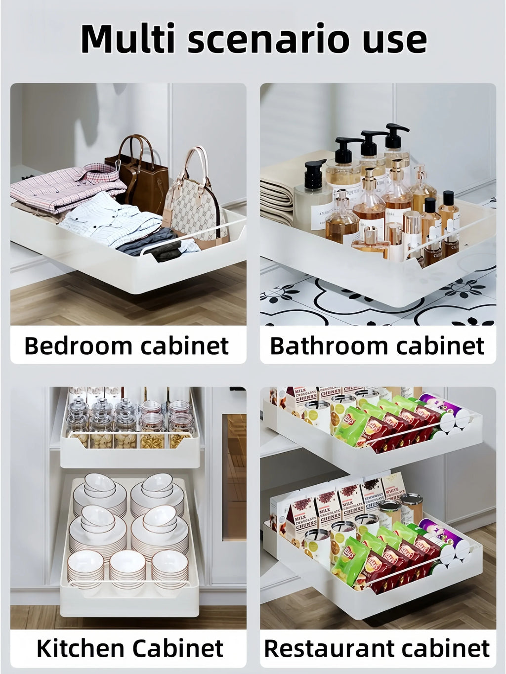Kitchen storage rack with sliding rails, pull-out drawer-style storage tray, cabinet organizer