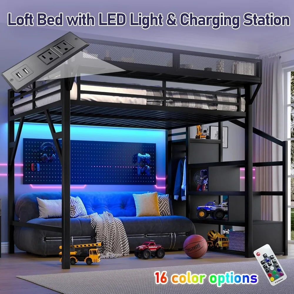 Metal Queen Size Loft Bed Frame with Storage Stairs, Side Shelf, Wardrobe, USB Ports, and LED Lighting