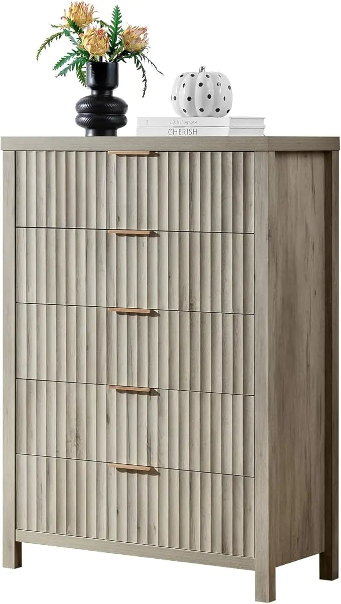 5 Drawers Dresser for Bedroom, 44 Inches Tall Modern Bedroom Dressers, Chest of Drawers for Bedroom, Fluted Dresser for Closet O
