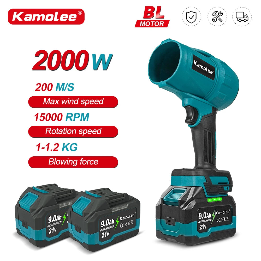 Kamolee Brushless 2000W Electric Turbo Blower Jet Fan 200M/S Car Dryer Handheld Dust Blowing Tool Apply to 18V 21V Battery