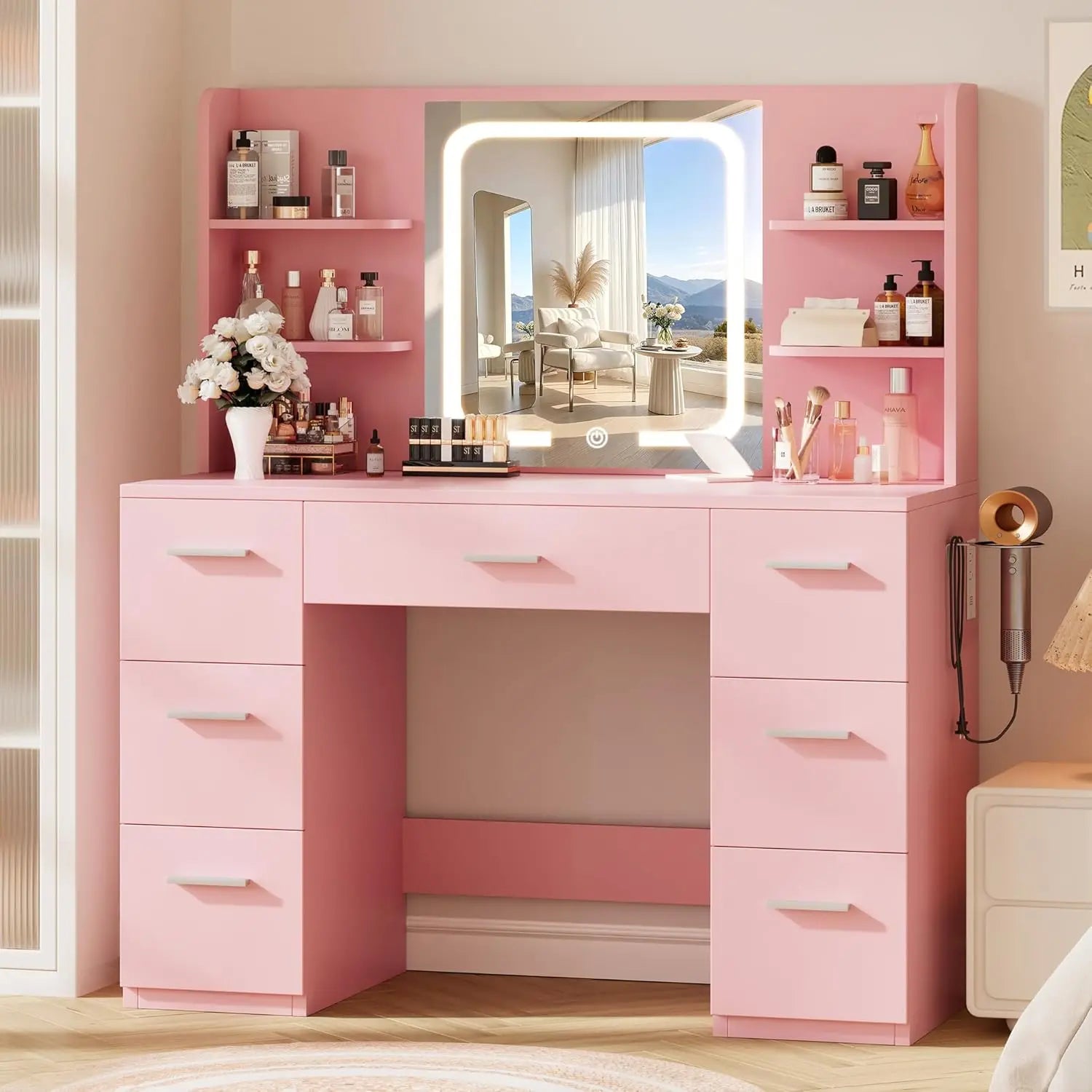 Large Makeup Vanity Desk. Pink, 43.3'Wx15.7'Dx53.2'H (Samrt LED Mirror, 4 Open Shelves, 7 Drawers, Hairdryer Rack, Power-Outet)
