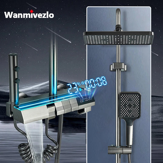 4 Piano Button Function Smart Digital Display LED Cold Hot Shower Faucet with 3 Modes Handshower 2 Modes Booster Spray Gun