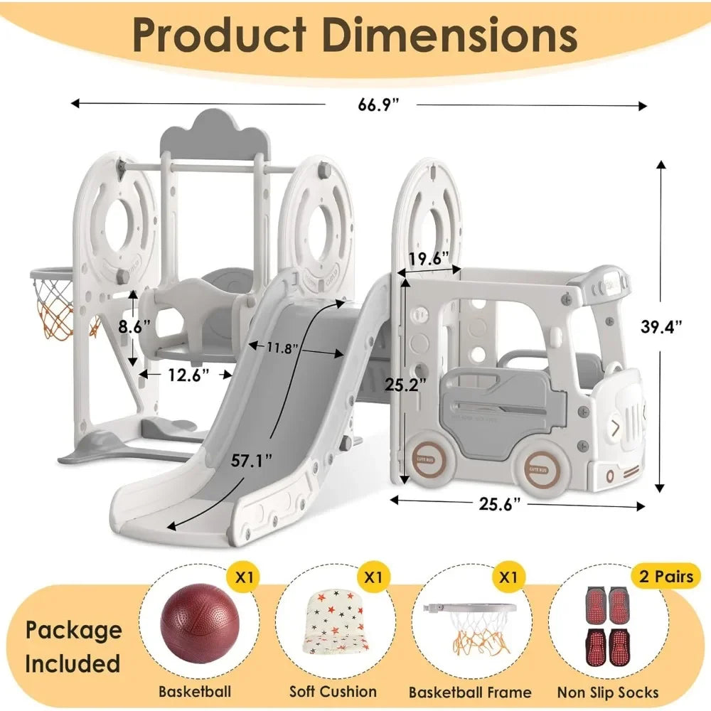5 in 1 Toddler Slide and Swing Set, Kid Slide for Toddlers Age 1-3, Bus Themed Baby Slide with Basketball Hoop
