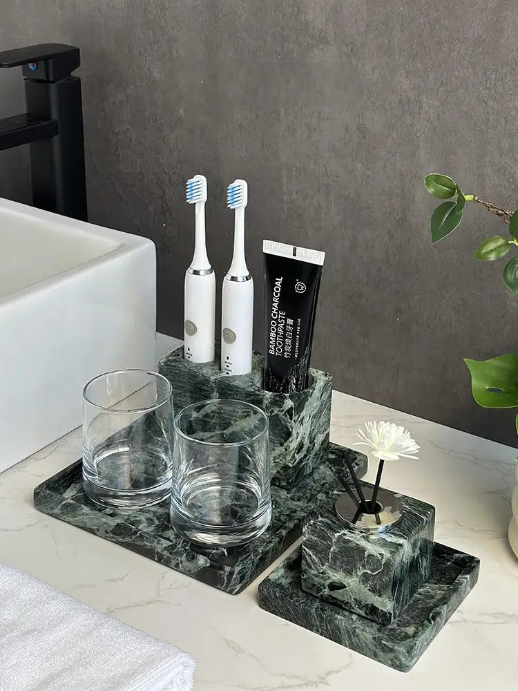Luxury Marble Bath Set: Shampoo Bottles, Tray & Canister Organizer, Natural Stone Accessories for Home & Hotel Bathroom Decor