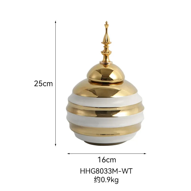 Gold Ceramic Vase Ginger Jar Storage Jar Vintage Porcelain Vase Peaked Lid Storage Tank Flower Vase Dining Table Home Decoration